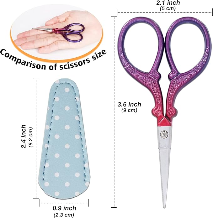 3.6 inch Sewing Crafting Scissors Stainless Steel Embroidery Scissors with Leather Scissor Cover for Cross Stitch Cutting Paper Handcraft Craft Art Work DIY Tool