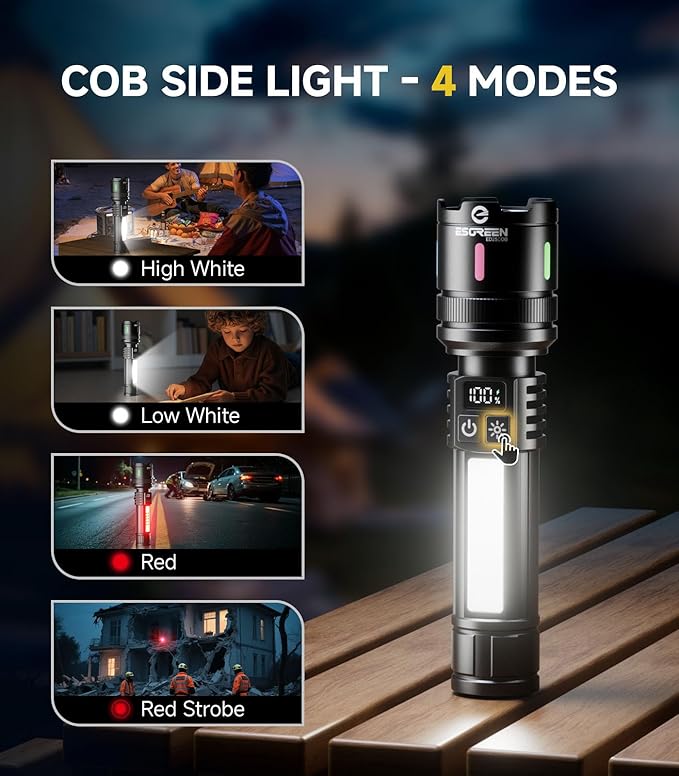 Esgreen LED Rechargeable Flashlights High Lumens 10000 2 Pack, Single Click Bright Flashlight Long Lasting 12H, Compact Handheld Flash Light USB C, White & Red Light, for Hiking Camping Gift