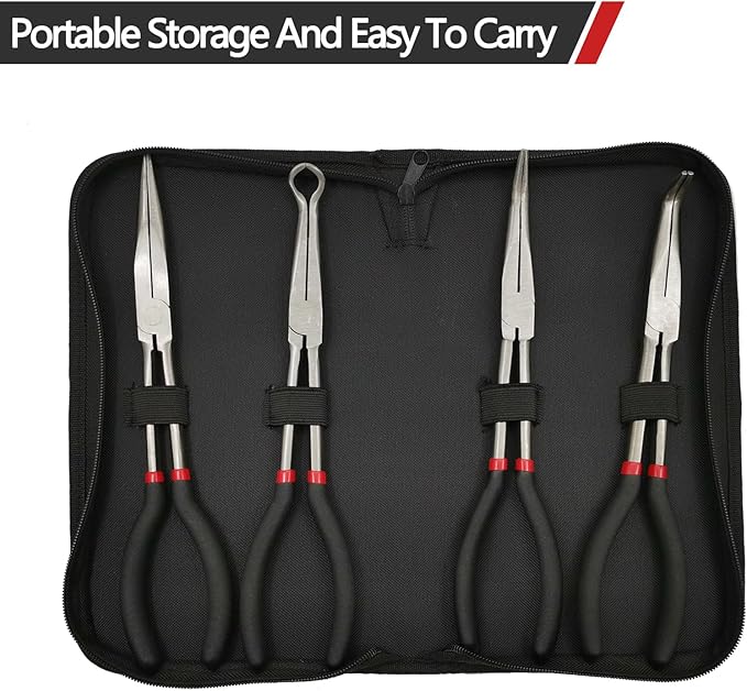 4 Pack 11" Long Nose Pliers Set with Portable Bag, Insulated Grip - Straight Needle Nose, 45/90 Degree Angle Curved & Circle Tools for Wire Bending, Shaping, Trimming