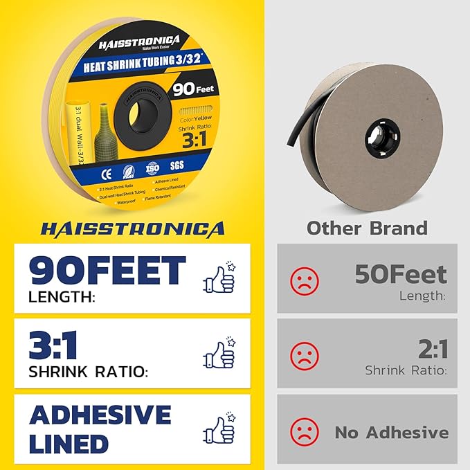 haisstronica 3:1 Heat Shrink Tubing, Shrink Ratio Adhesive Lined Marine Grade Heat Shrink Tube for Home, Automotive and Industrial (Yellow) 90FT 3/32inch