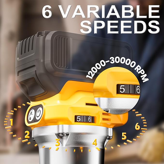 Cordless Compact Router Compatible with DeWalt 20V Battery (Bare Tool), 6 Variable Speeds Router Tool for Woodworking, 800W Fixed Base Wood Router