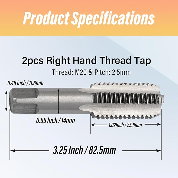 Qjaiune 2pcs M20x2.5 Tap, M20 Metric Thread Right Hand Tapping Tool, HSS Thread Milling Taps (M20 x 2.5, 1 Pair)