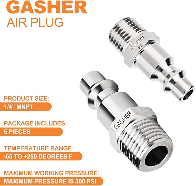 GASHER 5PCS Industrial Air Plug, 304 Stainless Steel 1/4"NPT Male, 1/4" High Flow Pneumatic Plugs
