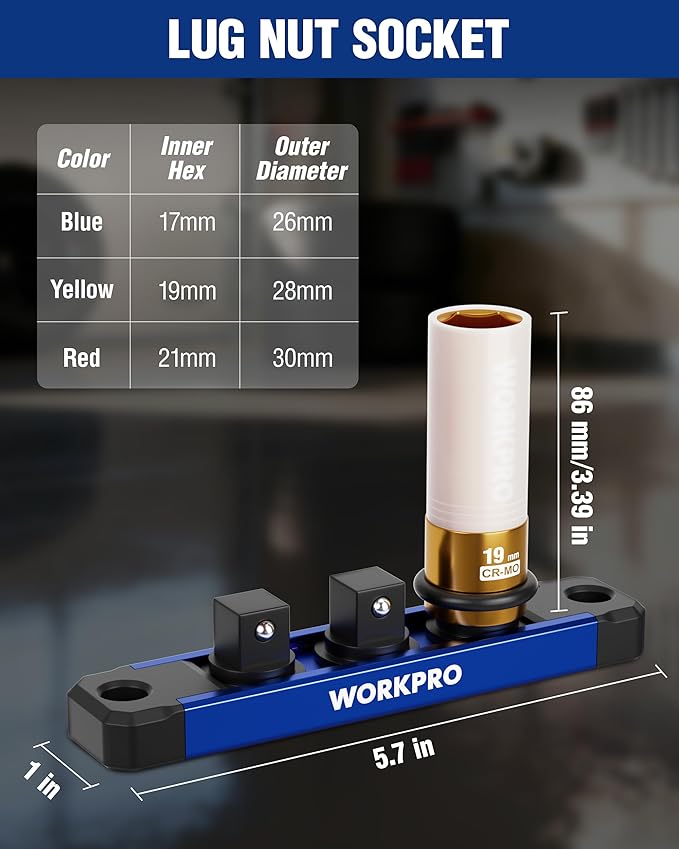 WORKPRO 1/2" Drive Lug Nut Impact Duty Socket Set, 3 Pieces 17-19-21mm Deep Thin Wall Socket Set, Made of Premium Cr-Mo Steel, Non-Marring Lug Nut Wheel Sockets for Car