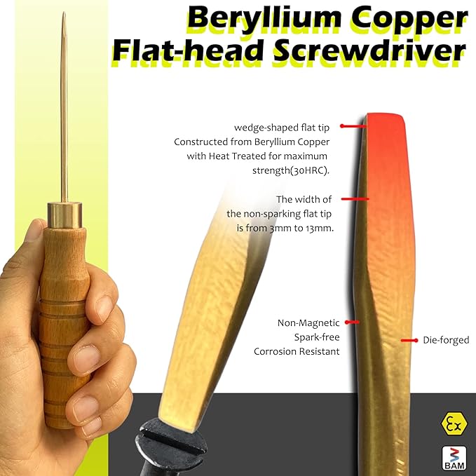 WEDO Slotted Screwdriver, Precision Screwdriver with Wooden Handle,Non-Sparking Flat Head Screwdriver,Tip Size 5mm,Length 200mm,Beryllium Copper,DIN Standard,BAM Certification