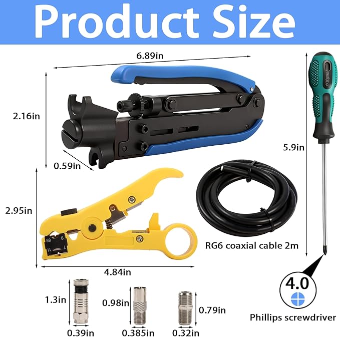 XINTAIHELE RG6 Compression Connectors Coax Cable Crimper Tool Kit,Coaxial Cable Repair F RG6 RG59 Fitting Wire Coax Stripper 20PCS F-Type Male Connector Coaxial Cable 2M