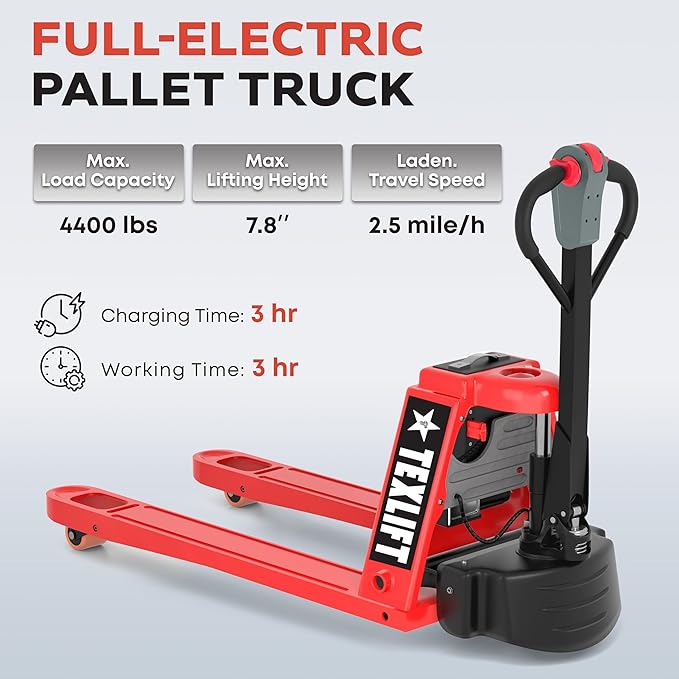 Full Electric Forklift Walkie Pallet Stacker with Stand 3300 Lb Capacity 118 Inch Lifting Height and Full Electric Power Pallet Jack 4400 Lb Capacity 48??L x 27??W Fork Size