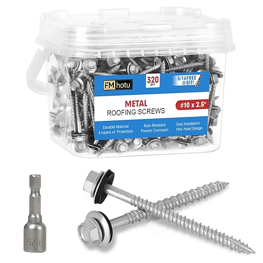Metal Roofing Screws #10×2-1/2Inch, 320-PCS, Hex Head Rustpert Coating Sheet Metal to Wood Siding Screw with EPDM Rubber Washer, Sharp Point, Hex Socket Included