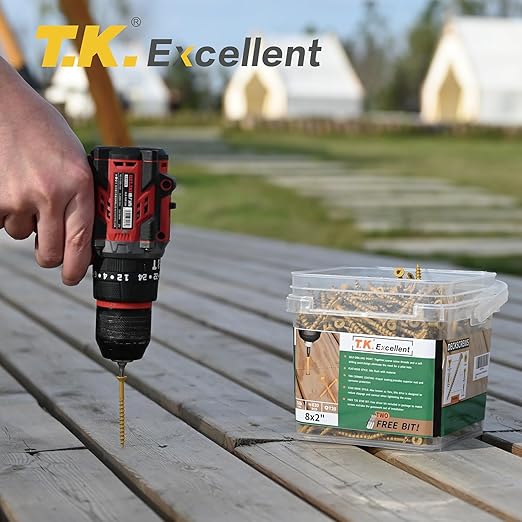 T.K.Excellent Deck Screws 2 Inch Wood Screws #8 x 2, 630 Pcs, Rust Resistant Structural Screw Fence Screw Torx Drive Screws, Two T20 Bits, Brilliant Yellow Ruspert Coating Rust Proof