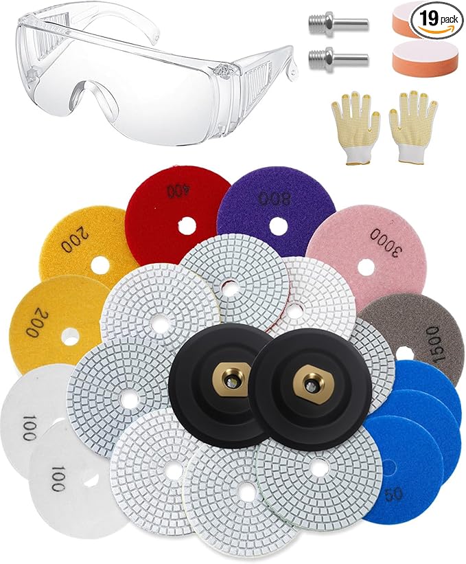 19 Pcs Stone Polishing Kit, 50#-3000# 4 Inch Concrete Polishing Pads for Grinder, Polisher Pads Kit with Metal Rod, Rubber Adhesive Disc, Polished Sponge Ball, Goggles, Gloves