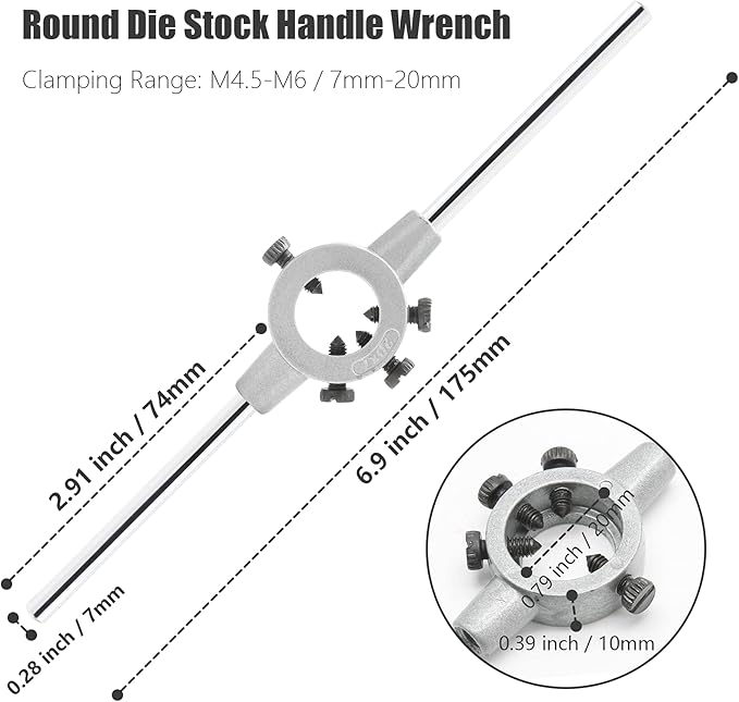 Qjaiune 20mm Round Die Stock Handle Wrench, Adjustable Die Wrench Handle Holder, Heavy Duty Threading Die Holder Handle (Metric, M4.5-M6)