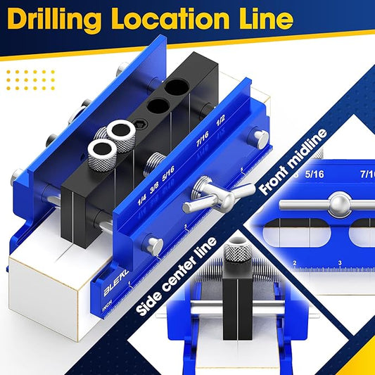 Self Centering Doweling Jig Kit, Power Tool Accessory Jigs with 5 SAE Drill Sizes 6 Drill Guide Bushings, Adjustable Width Drilling Guide Power Tool Accessory Jigs (Blue)