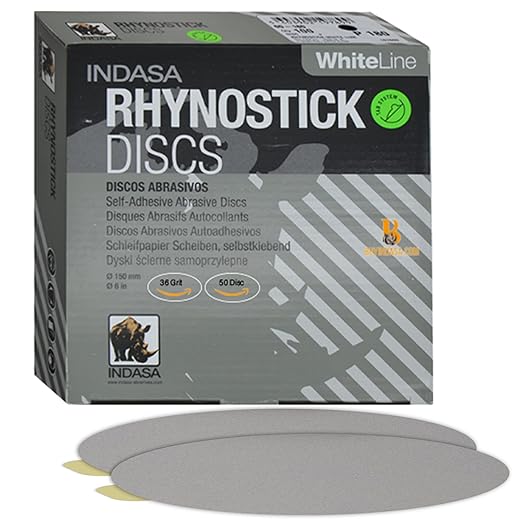 Indasa 6" 50 PCS PSA Sanding Discs ??Rhynostick 36 Grit / 50 Discs ??Self-Adhesive Sticky-Back Sandpaper for DA Sander, Automotive, Wood, Metal, Paint, whiteline