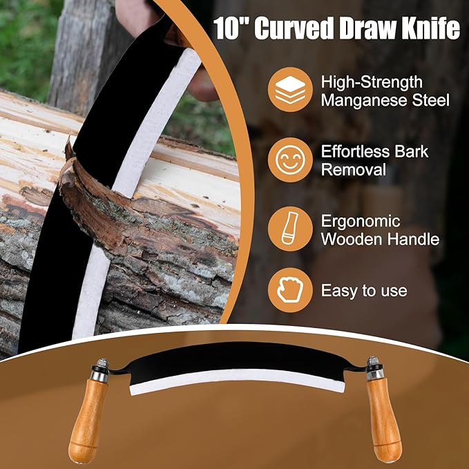 10'' Draw Knife,Draw knife debarking tool,Curved Draw Knife,Draw Shave Tool Debarking Hand Tool,ergonomic handle,simple and effortless to use,bark stripper tool