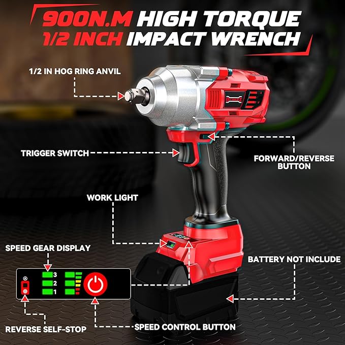 Cordless Impact Wrench 1/2" Compatible with Milwaukee 18v Battery, 750 Ft-lbs High Torque Impact Driver with 6Pcs Sockets & Storage Case, Impact Gun with 4-Speed & LED Light(Bare Tool)