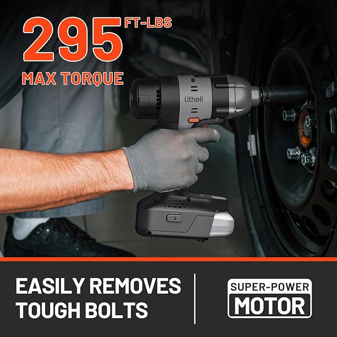LiTHELi Cordless Impact Wrench Kit, 1/2 Inch Hog Ring Impact Gun with 4 Impact Sockets, 5 Torque Settings Impact Driver with Carry and Storage Box, Charger not Included