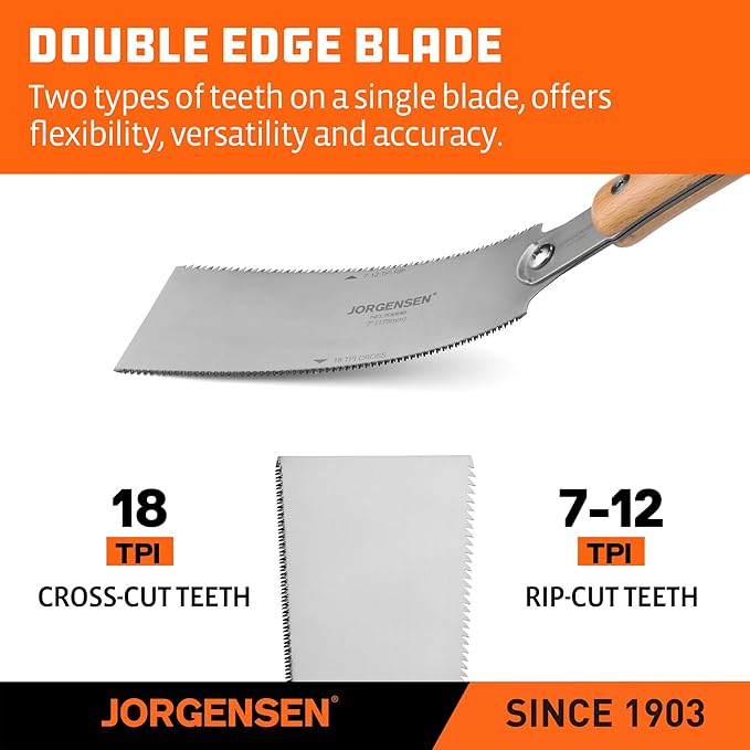 JORGENSEN Japanese Pull Saw RYOBA, 7 Inch Pro Double Edge, SK5 Flexible Blade, 18 TPI & 7-12 TPI Teeth, Woodworking Hand Saw for Hardwood & Softwood, Wood Trim