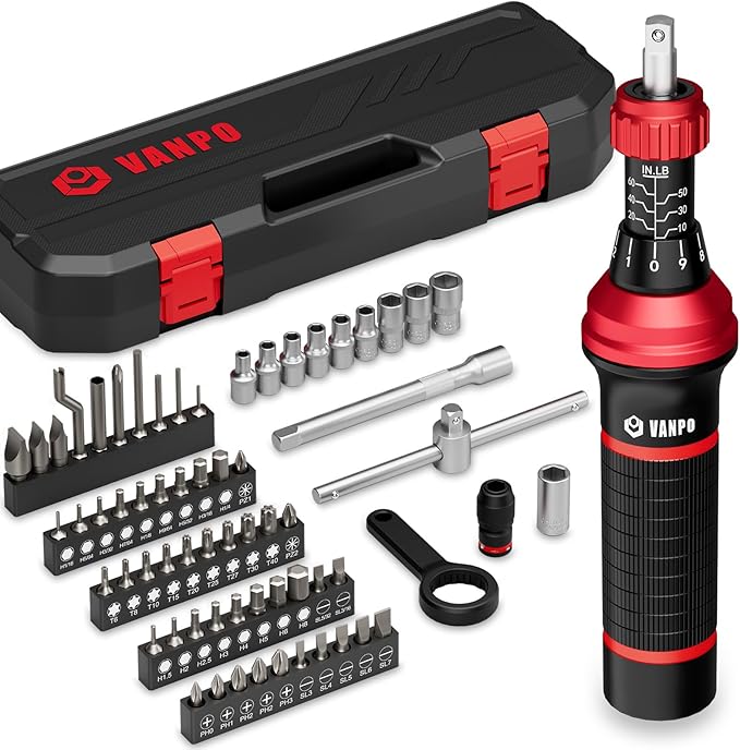 VANPO Torque Screwdriver Set, 10??0 in-lb, 64 Pcs 1/4" Drive Torque Wrench Screwdriver Kit with T-Bar & Flat, Hex, Torx, and S2 Bits for Scope, Electronics Assembly & Micro Device Repair