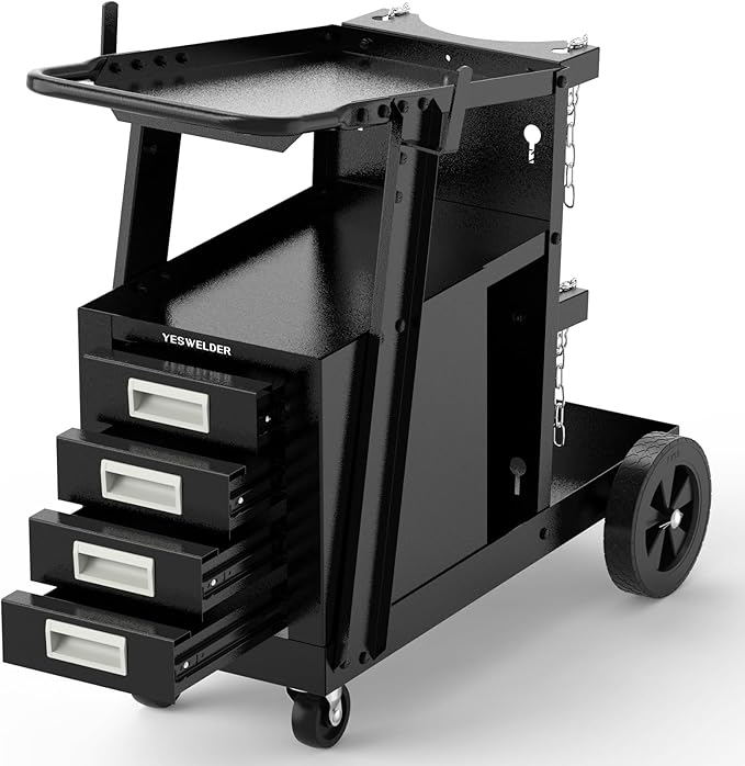 YESWELDER Welding Cart with 4 Drawers for MIG Welder TIG Welder and Plasma Cutter, Heavy Duty Large Storage 360째 Rolling Welding Trolley