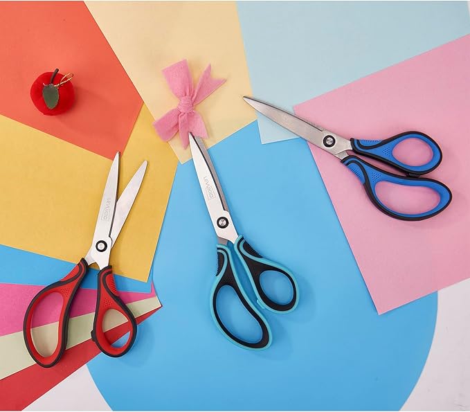 8-Inch All Purpose Scissors 3 Pack, Sharp Pointed Tip & Comfort Grip, Multipurpose Scissors for Adult, Office, Craft, Fabric, Kitchen, School Use
