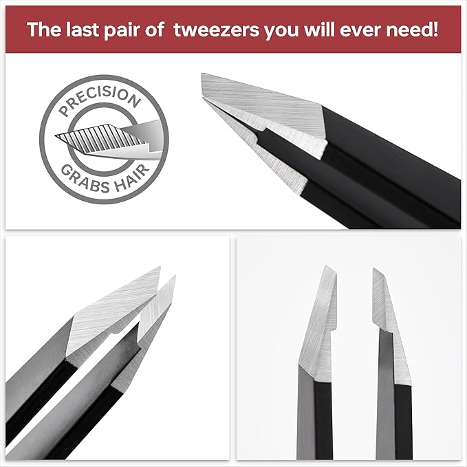 Tweezers for Women Facial Hair, Precision Slant Eyebrow Tweezers, Sharp Plucker for Remove Hair and Blackhead, With Travel Case（Black)