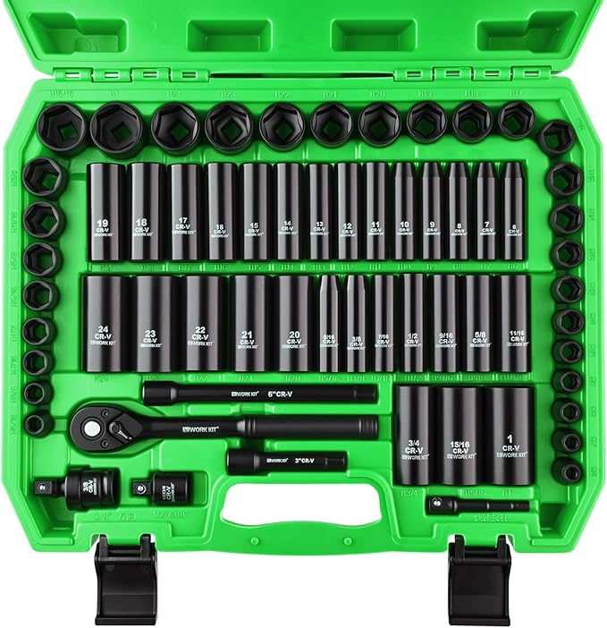 3/8" Drive Impact Socket Set 64-Piece, Deep & Shallow SAE (5/16"-1") & Metric (6-24mm), with 3/8-Inch Ratchet Handle, 6 Points,Cr-V, Extension Bars, Universal Joint, Gift for Men