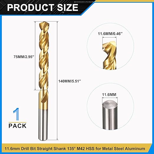 PATIKIL 11.6mm Drill Bit, M42 8% Cobalt High-Speed Steel Jobber Straight Shank 135° Titanium Nitride (TiN) Coated for Hard Metal Stainless Steel - 1 Pack