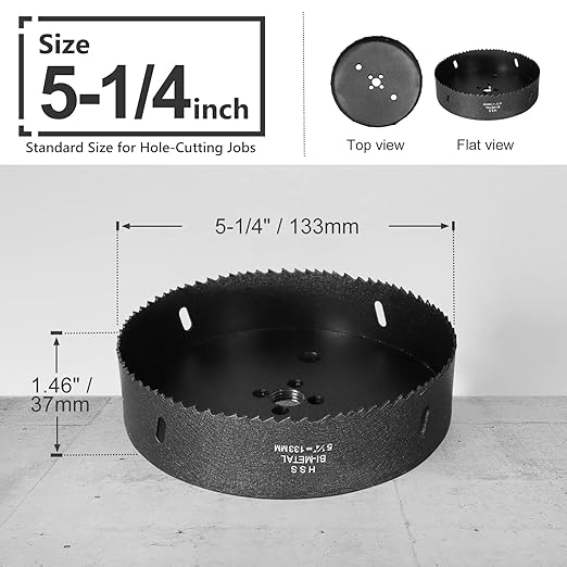5-1/4 Inch Hole Saw with 1/2" Hex Shank Quick Change Arbor, JTemgle Bi-Metal Hole Saw Heavy Duty Hole Cutting Tool for Cornhole Boards, Recessed Lights, Wood, Plastic, Drywall & Soft Metal