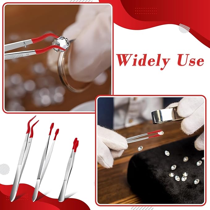 3PCS Tip Tweezers, Silicone Rubber Flat Tipped Tweezers Bent Tip for Jewelry Coin Stamp (Red)