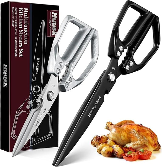 HUUSK Kitchen Shears Set Upgraded - Stainless Steel Kitchen Scissors, Sharp Meat Scissors, Heavy Duty Poultry Shear, Japanese Cooking Scissor for Food, Dishwasher Safe, Christmas Gifts for Men Women