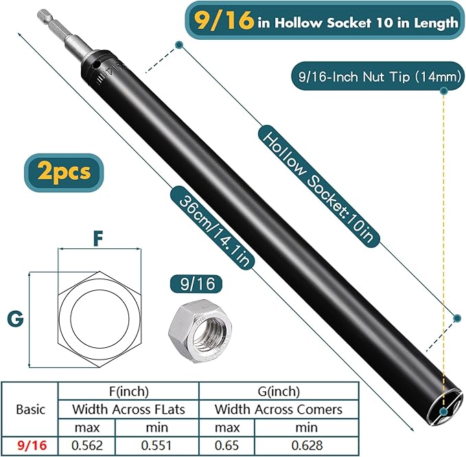 Blulu 9/16"(14mm) Power Nut Driver, Nut Runner Hollow Socket with 1/4" Hex Shank, Fit Long Bolts and Ductwork for Overhead Fastening Applications Operations(2 Packs,10 Inch)
