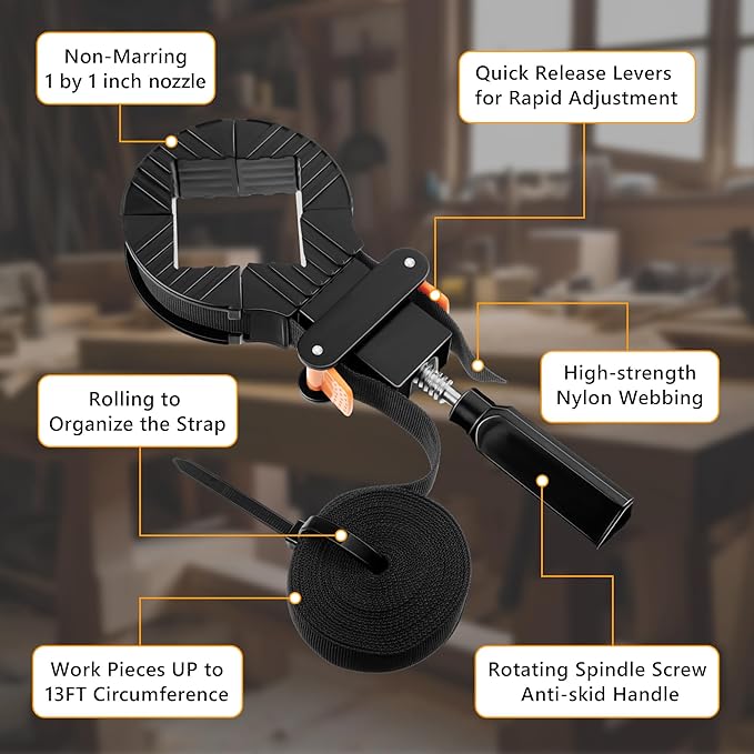 Feekoon 4 Packs 13 FT Belt Band Strap Clamps for Woodworking, Quick Release Band Clamps with 4 Corner Claws, Thick and Sturdy Belt Clamp, Adjustable Picture Frame Clamp Tool
