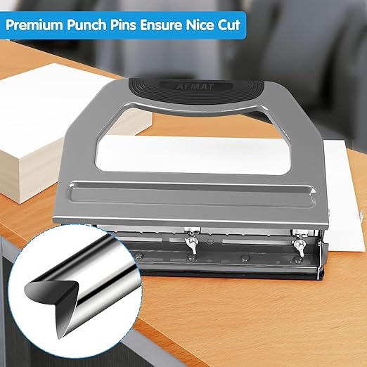 AFMAT 3 Hole Punch Heavy Duty, 9/32" Holes, 50-Sheet Hole Puncher 3 Ring, 50% Reduced Effort, Adjustable Two & Three Hole Punch, Metal Paper Puncher w/Large Chip Tray, Metal Paper Guide, Gray, HP18