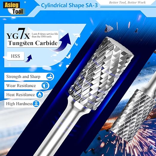 SA-3 Tungsten Carbide Burr Rotary File Cylindrical Shape Double Cut for Die Grinder Drill Bits 1/4'' Inch Diameter of Shank and 3/8'' Inch Diameter of Cutter 3/4'' Inch Cutter Length