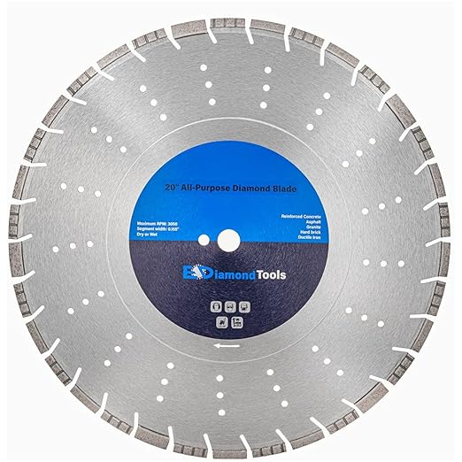 20" All Purpose Diamond Saw Blades for Hard/Reinforced Concrete, Asphalt, Granite, Terrazzo, Ductile Iron Piping, 7-5/8" Cutting Depth, 1" Arbor
