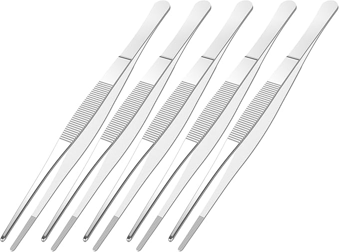 5 PCS 5.5 Inch Stainless Steel Tweezers, with Straight Round Blunt Serrated Tip, 0.07 Inch Thickness Stainless Steel, Multipurpose Daily Garden Home Lab Craft Repairing Tool