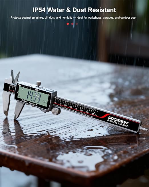 GODESON Digital Caliper, Rechargeable Digital Micrometer-IP54 Waterproof, Stainless Steel & Large LCD Screen Caliper Measuring Tool-Inch/Metric/Fraction,6" Calipers-Auto Off for Pros & DIYers