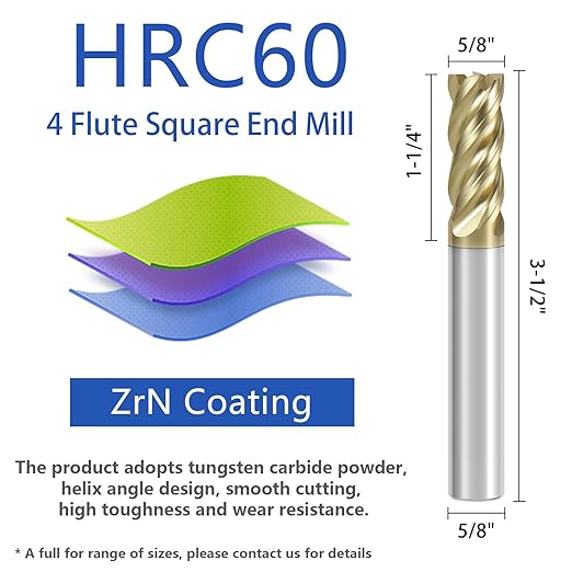 5/8" Carbide Square End Mill with ZrN Coating 4 Flute Unequal Helix Design Mill Bits Sets for Roughing and Finishing