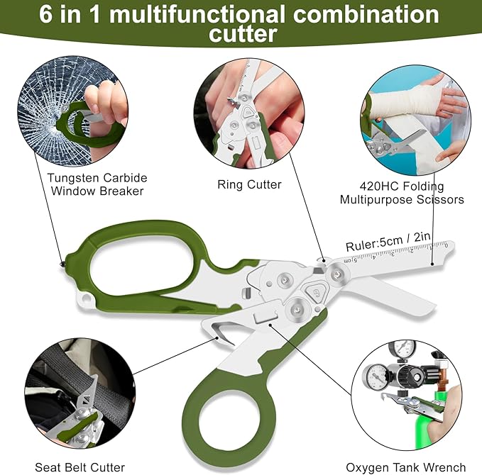 6 in 1 heavy-duty/trauma shears, Folding Retractable Emergency Shears, Outdoor Camping Tools, Seat Belt Cutter, Oxygen Cylinder Wrench, Complimentary Adjustable Wrench (army green)