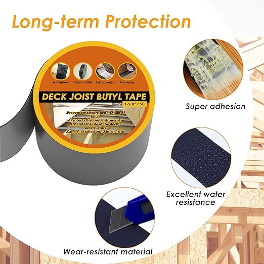 4" x 50' Deck Joist Tape, 2 Pack Waterproof Seal Butyl Deck Tape, Weather Resistance Self-Adhesive Flashing Tape for Wood Joists and Beams