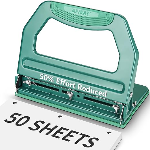 AFMAT 3 Hole Punch Heavy Duty, 9/32" Holes, 50-Sheet Hole Puncher 3 Ring, 50% Reduced Effort, Adjustable Two & Three Hole Punch, Metal Paper Puncher w/Large Chip Tray, Metal Paper Guide, Green, HP18