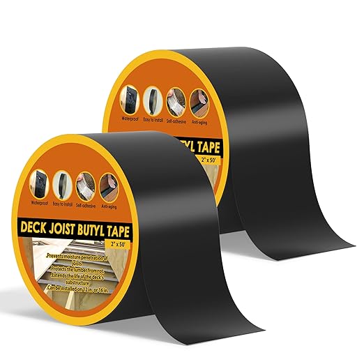 4" x 50' Deck Joist Tape, 2 Pack Waterproof Seal Butyl Deck Tape, Weather Resistance Self-Adhesive Flashing Tape for Wood Joists and Beams