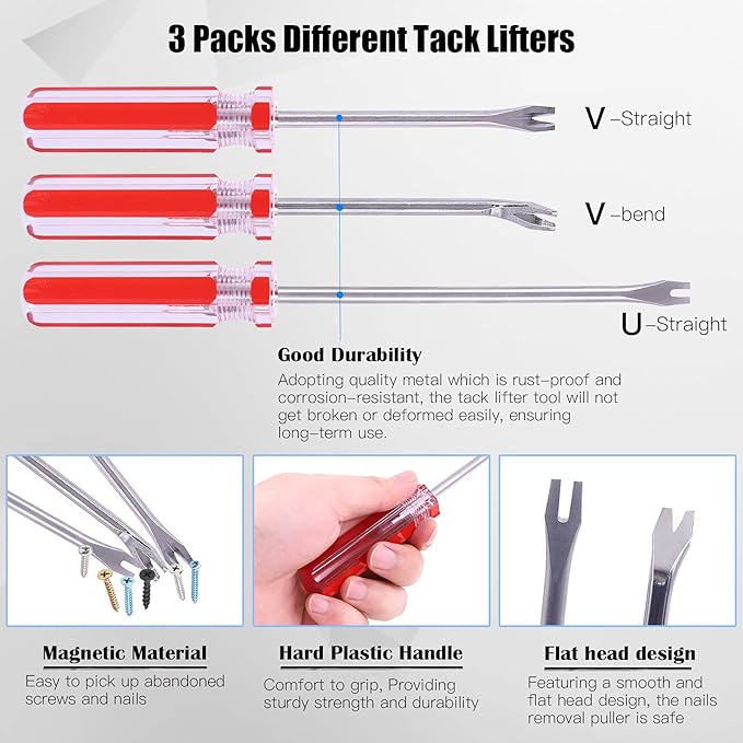 Glarks 4Pcs Nail Pullers Nail Remover Tool Set, Include 7'' End Cutting Plier, 4'' Bendable U Tip and V Tip Tack Puller, 6'' U Tip Tack Lifter for Cutting nails, Remove Nails, Nail Pulling