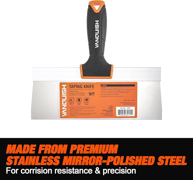 VANQUISH 8 Inch Stainless Steel Drywall Taping Knife, Soft Grip Handle, Perfect for Drywall Joint Taping, Finishing & Patching 3590