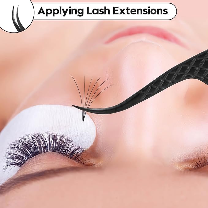 Ms.Queen Eyelash Extension Tweezers,Microfiber Tip Curved Lash Tweezers for Volume, Isolation& Classic Lashes Extensions,Black