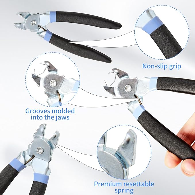 Hog Ring Pliers Kit with 380 Pcs 1" 3/4" 1/2" 3/8" Galvanized Steel Hog Rings,Bent Hog Ring Pliers Kit for Auto Upholstery and Fencing,Bagging,DIYCraft,Furniture(Blue)