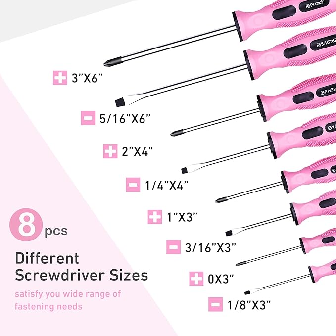 FASTPRO 8-Piece Pink Magnetic Screwdrivers Set with 4 Phillips and 4 Slotted Tips, Precision Screwdriver Repair Tool Kit for Women