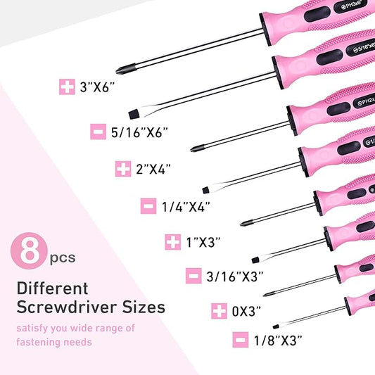 FASTPRO 8-Piece Pink Magnetic Screwdrivers Set with 4 Phillips and 4 Slotted Tips, Precision Screwdriver Repair Tool Kit for Women