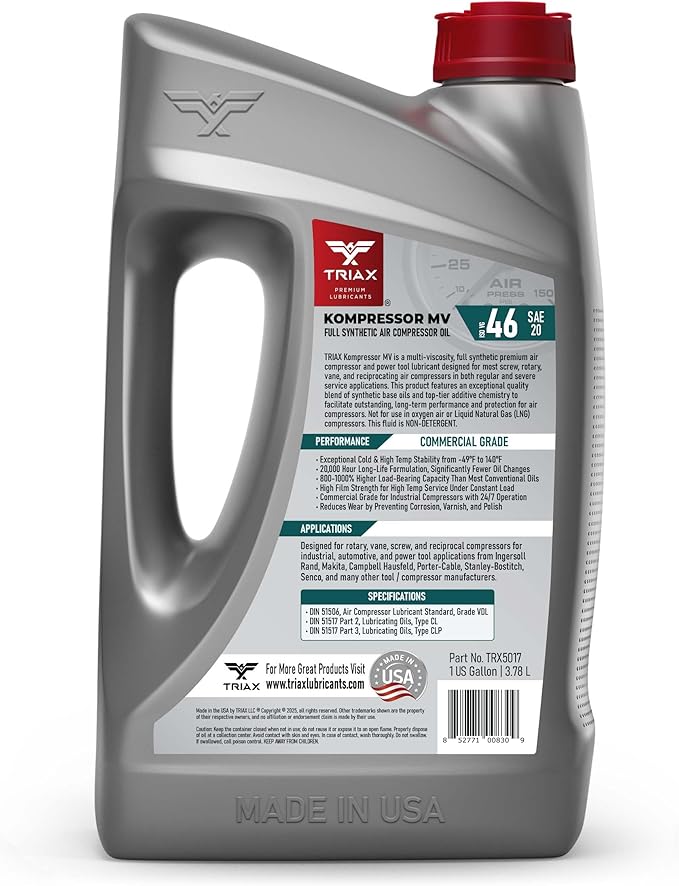 TRIAX Kompressor MV 46 SAE 20, Full Synthetic, Multi-Vis Air Compressor Oil | for Rotary, Vane, Screw, and Reciprocal | Commercial Grade | High Temp | Non-Detergent (1 Gallon)