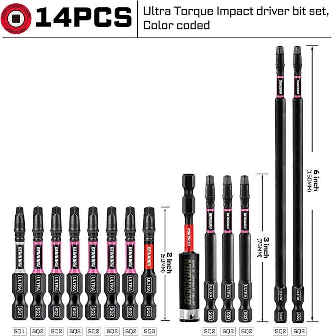 13pcs Impact #1#2#3 Square Screwdriver Bits Set, 2??3??6??(SQ1/SQ2/SQ3) Magnetic S2 Steel Driver Bits Set and 1pc 3??Impact Bit Holder with Color Coded Base